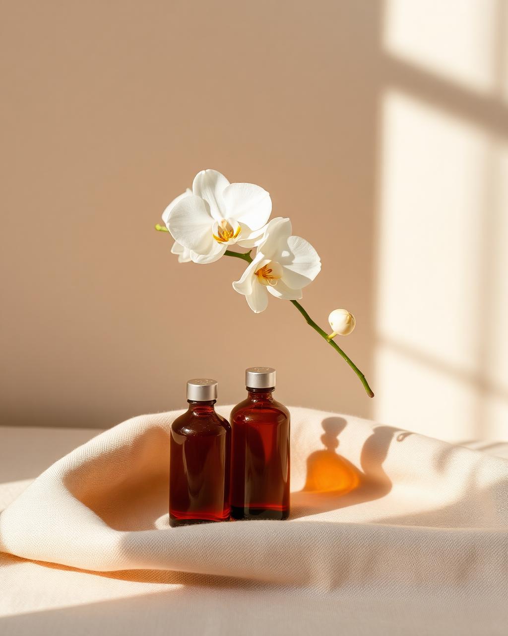 A serene editorial still life of apothecary glass bottles and a white orchid in soft natural light
